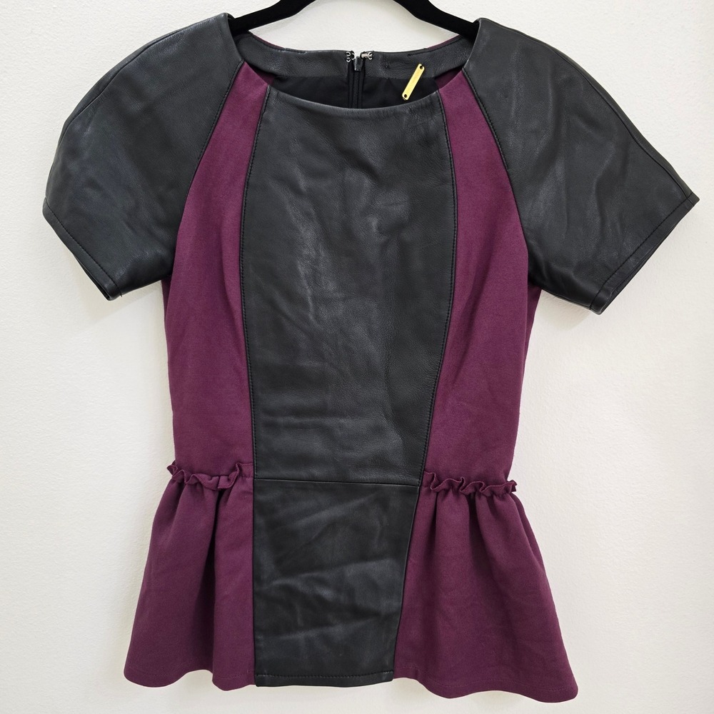 Rebecca Minkoff Lambskin Leather Peplum Top Burgundy Black Mixed Media‎ Size 2